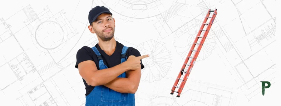 Trabalhador apontando para escada extensiva